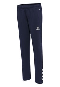 Pantaloni tuta blu navy realizzati in morbido tessuto, con un logo bianco e accenti a strisce vicino all'orlo. Vita elastica per il massimo comfort.