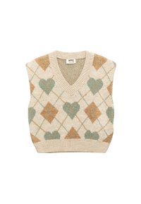 Beige mouwloze vest met een V-hals, ruitpatroon in lichtbruin, groene harten en een geribde zoom voor textuur.