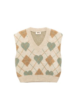 Beige mouwloze vest met een V-hals, ruitpatroon in lichtbruin, groene harten en een geribde zoom voor textuur.