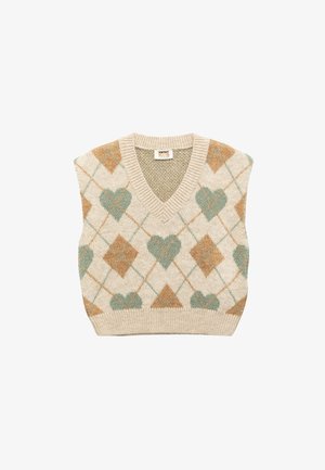 Beige ärmellose Weste mit V-Ausschnitt, einem Rautenmuster in Hellbraun, grünen Herzen und einem gerippten Saum für mehr Struktur.