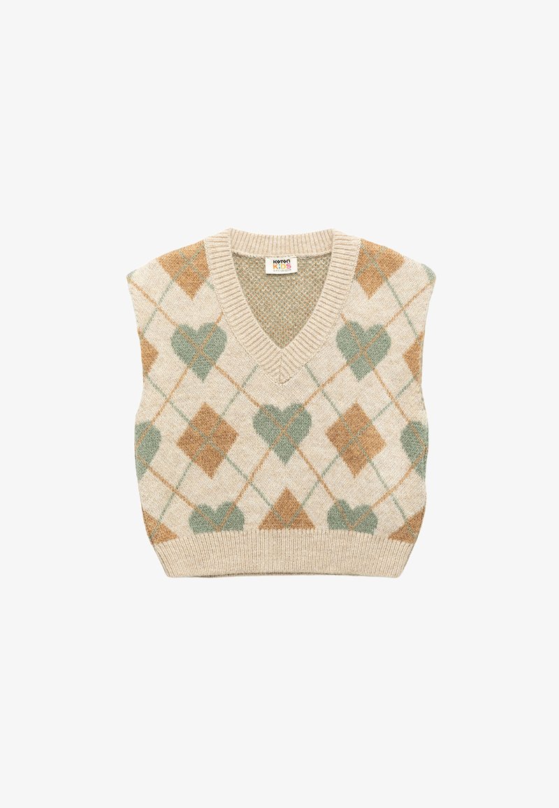 Gilet senza maniche beige con scollo a V, motivo a rombi in marrone chiaro, cuori verdi e bordo a coste per un tocco di texture.