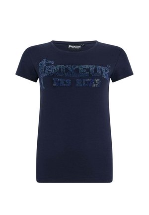 Marineblaues T-Shirt aus Baumwolle mit einem funkelnden Grafikdesign und dem Schriftzug „Boxeur des Rues“ aus Strasssteinen. Kurzärmlig, mit rundem Ausschnitt.