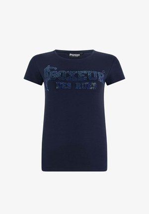 Marineblaues T-Shirt aus Baumwolle mit einem funkelnden Grafikdesign und dem Schriftzug „Boxeur des Rues“ aus Strasssteinen. Kurzärmlig, mit rundem Ausschnitt.