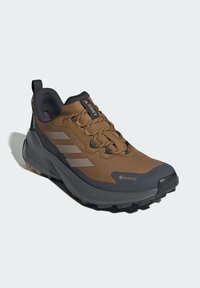 Brown, lightweight trail running shoes with a textured upper, grey accents, GORE-TEX branding, and a rugged outsole for traction.
