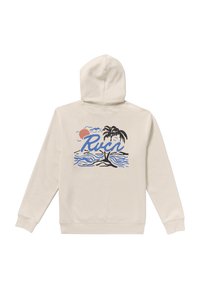 Crèmekleurige hoodie met een grafisch ontwerp van palmbomen, golven en een zonsondergang in zwart, blauw en roze op de achterkant.