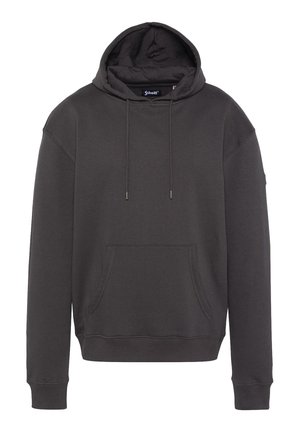 Sudadera con capucha de color gris oscuro, hecha de una tela suave. Presenta un bolsillo frontal, cordones y puños y dobladillo acanalados.