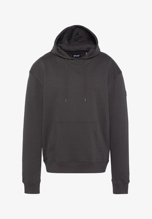 Donkergrijze hoodie gemaakt van zachte stof. Heeft een voorzak, trekkoorden en ribgebreide manchetten en boord.