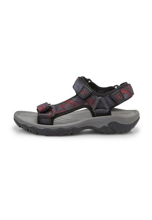 Sandalo da trekking nero e rosso con cinturini regolabili, tomaia in tessuto testurizzato e suola in gomma grigia ammortizzata per trazione e comfort.