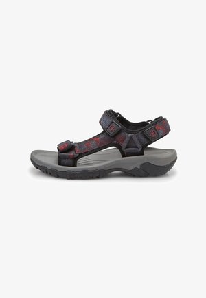 Sandalo da trekking nero e rosso con cinturini regolabili, tomaia in tessuto testurizzato e suola in gomma grigia ammortizzata per trazione e comfort.