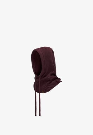 Pletený vínový šál s kapucí a texturovaným vzorem, který má dvě dlouhé šňůrky a smyčkový design pro teplo a zakrytí.