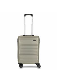 Hard-shell suitcase in matte olive green with vertical grooves, two smooth-rolling wheels, and a retractable black handle.