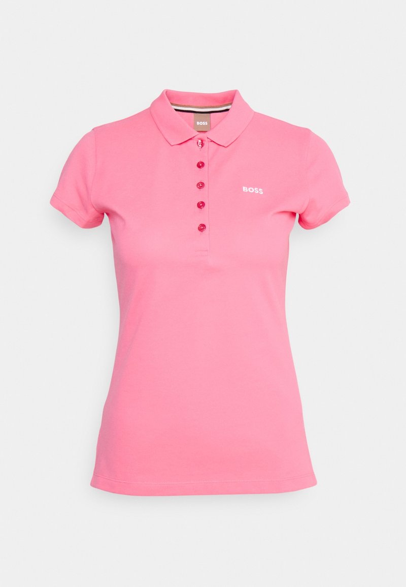Růžová polo košile vyrobená z bavlny, s límečkem, pěti knoflíkovou légou a bílým logem "BOSS" na levé hrudi.