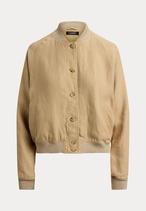 Μπεζ μπουφάν τύπου bomber με κουμπιά, ριμπ λαιμόκοψη, μανσέτες και τελείωμα, με μακριά μανίκια και δύο πλαϊνές τσέπες.