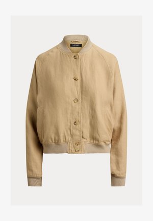 Jachetă bomber bej cu nasturi, guler, manșete și tiv striate, cu mâneci lungi și două buzunare laterale.