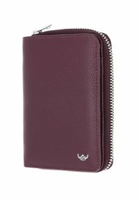 Portefeuille compact en cuir violet foncé avec une fermeture éclair argentée et un petit logo argenté dans le coin avant.