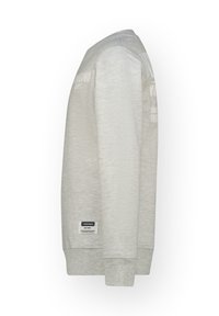 Sweatshirt gris clair avec un col rond, des poignets et un ourlet côtelés, ornée d'impressions de logo et d'une étiquette détaillant les informations de la marque.