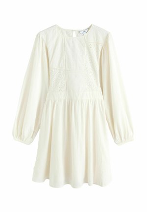 Light ivory dress featuring long puff sleeves, a round neckline, and textured embroidery in front. Flared silhouette with a gathered waist.