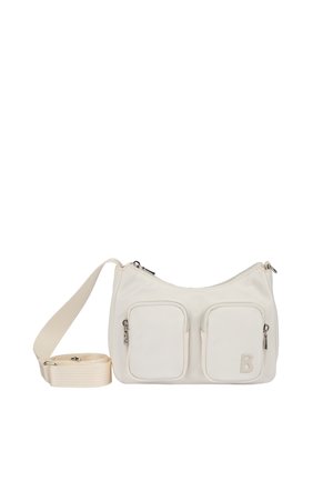 Krémově bílá kabelka přes rameno s nastavitelným popruhem, dvěma předními kapsami na zip a malým vyraženým písmenem "B" na pravé dolní kapse.