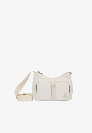 Off-white crossbodytas met verstelbare riem, twee voorvakken met ritssluiting en een kleine ingesloten letter "B" op het onderste rechtervak.