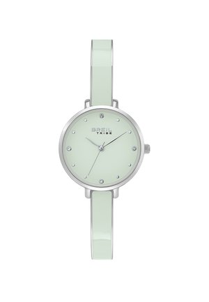 Orologio da polso sottile in argento e verde menta con quadrante minimalista, indici orari in cristallo e logo "Breil Tribe" sul quadrante.