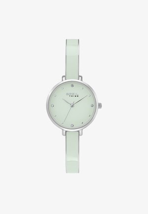 Slank sølv- og mintgrøn armbåndsur med minimalistisk urskive, krystal timeindikatorer og "Breil Tribe"-logo på urskiven.
