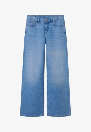 Gaiši zili plašu kāju džinsi no džinsu materiāla. Ar pogu aizdari, piecām kabatām un izbalējumu augšstilba apvidū. Taisns apakšējais malu ar šuvēm.