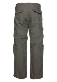 Cargo broeken van donkergrijze stof met grote zijzakken, verstevigde naden en een comfortabele pasvorm met verstelbare pijpzomen.