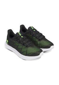 Black athletic shoes with green accents and a textured mesh upper. Features a white sole and a streamlined, lace-up design.