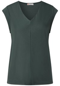 Top senza maniche di un verde scuro con scollatura a V, caratterizzato da un tessuto testurizzato e una vestibilità rilassata. Dettaglio della cucitura verticale nella parte anteriore.