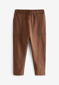 Pantalon en mélange de coton marron avec taille élastique, cordon de serrage ajustable et deux poches avant ; texture lisse et design ajusté.