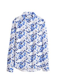 Witte lange mouwen blouse met een bloemenpatroon met blauwe bladeren en grijze bloemen, knopen aan de voorkant en een klassieke kraagontwerp.