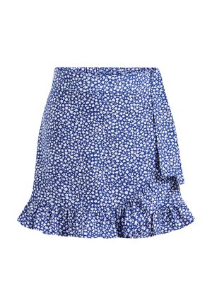 Blauer Wickelrock mit weißen kleinen Blumenmustern, gerafftem Saum und seitlicher Bindung. Hergestellt aus leichtem Stoff.