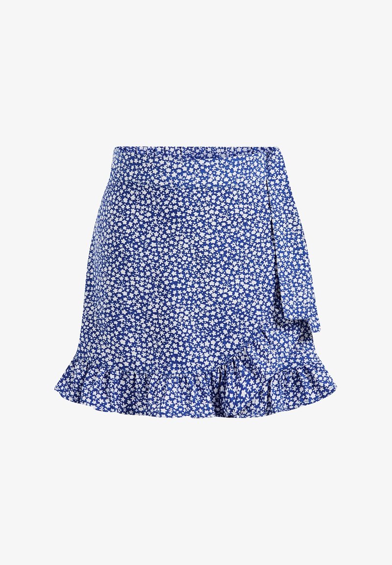 Długa spódnica w kwiaty w kolorze niebieskim z wzorem białych małych kwiatów, falbanką na dole i wiązaniem z boku. Wykonana z lekkiego materiału.