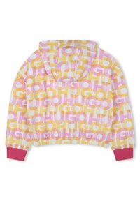 Sweat à capuche avec un motif multicolore de texte en jaune, rose et blanc. Ourlet et poignets élastiques en rose uni. Texture de tissu douce.