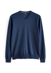 Pull col en V bleu marine en tissu tricoté lisse. Il présente des manches longues ainsi que des poignets et un ourlet côtelés. Design minimaliste sans motifs.
