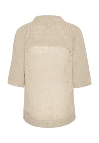 Beige kötött pulóver rövid ujjal, texturált mintával, bordás nyakkivágással és varrás nélküli hátrész kialakítással. Könnyű anyag.