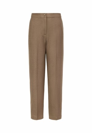 Brune højtaljede skræddersyede bukser med forreste knap, skjult lynlås, lige ben og subtil lodret tekstur på stoffet.