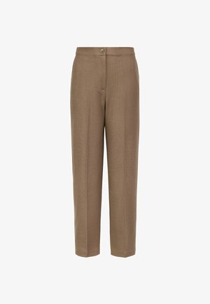 Brune højtaljede skræddersyede bukser med forreste knap, skjult lynlås, lige ben og subtil lodret tekstur på stoffet.