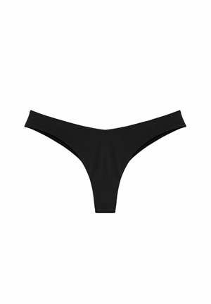 Black thong underwear made of smooth fabric, featuring a minimalist design with a low-rise waistband and narrow side straps.