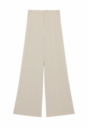 Beige wijde broek met voorzakken, riemlussen en een verborgen voor sluiting, plat weergegeven op een witte achtergrond.