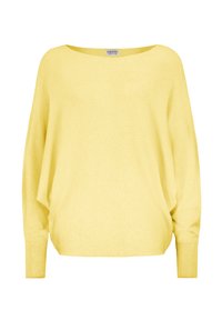 Gelber, übergroßer Strickpullover mit weitem Ausschnitt, langen Ärmeln und gerippten Bündchen. Weiche Textur und lockere Passform.
