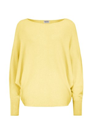 Gele oversized gebreide trui met een brede halslijn, lange mouwen en ribgebreide manchetten. Zachte textuur en een relaxed fit.