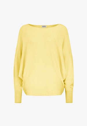 Gele oversized gebreide trui met een brede halslijn, lange mouwen en ribgebreide manchetten. Zachte textuur en een relaxed fit.