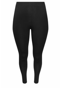 Leggings noirs côtelés avec une texture lisse et extensible et une taille élastique. Ils présentent une coupe ajustée sans ornements supplémentaires.