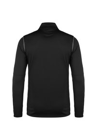 Zwarte lange mouwen sportshirt met een ritskraag, gemaakt van glad, rekbaar materiaal. Kenmerkt zich door witte accenten langs de schouders.