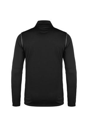 Zwarte lange mouwen sportshirt met een ritskraag, gemaakt van glad, rekbaar materiaal. Kenmerkt zich door witte accenten langs de schouders.