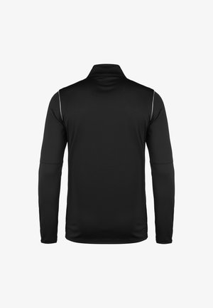 Czarna, długosleeve'owa koszulka sportowa z zapięciem na zamek, wykonana z gładkiego, elastycznego materiału. Zawiera białe akcenty wzdłuż ramion.