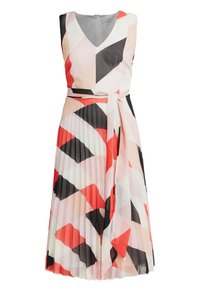 Vestido midi sin mangas con escote en V, falda plisada y patrón geométrico en rojo, negro, blanco y rosa pálido, que incluye un cinturón a juego.