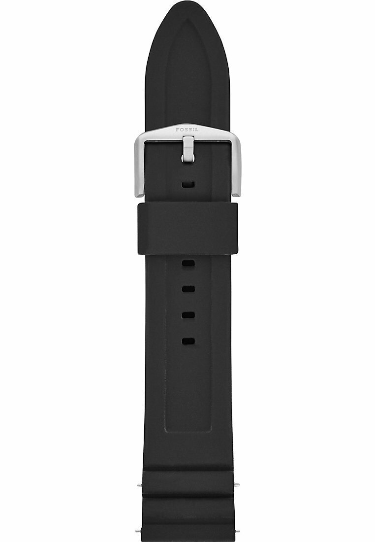 Schwarzes Silikon-Uhrenarmband mit glatter Textur, silberner Metallschnalle, spitzem Ende und mehreren Verstelllöchern. Markenname "Fossil" sichtbar.