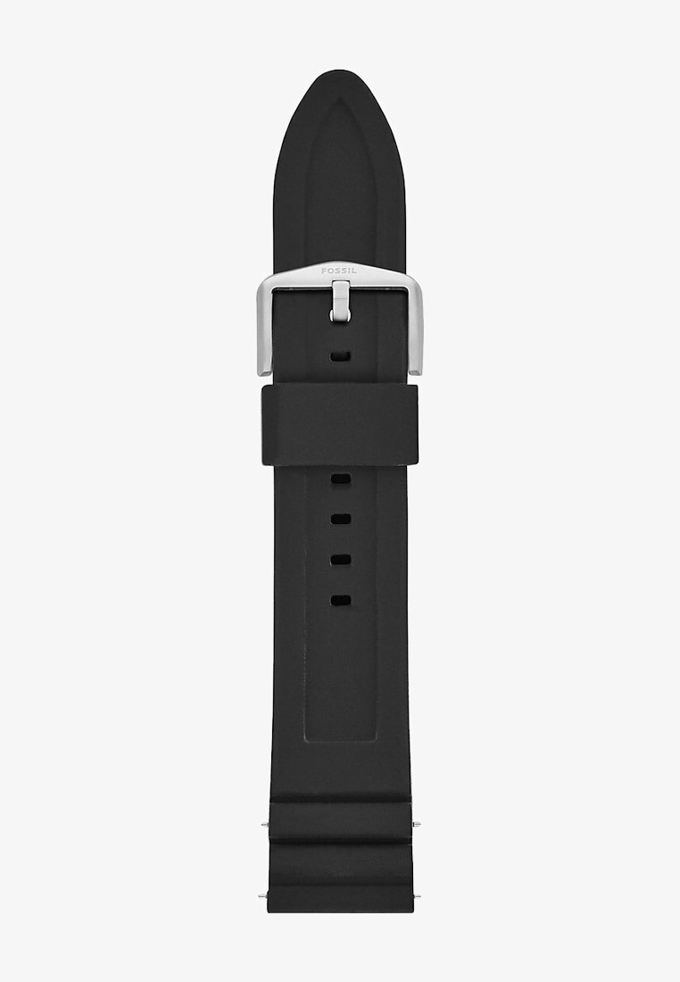 Bracelet de montre en silicone noir avec une texture lisse, boucle en métal argenté, extrémité pointue et plusieurs trous d'ajustement. Nom de la marque "Fossil" visible.
